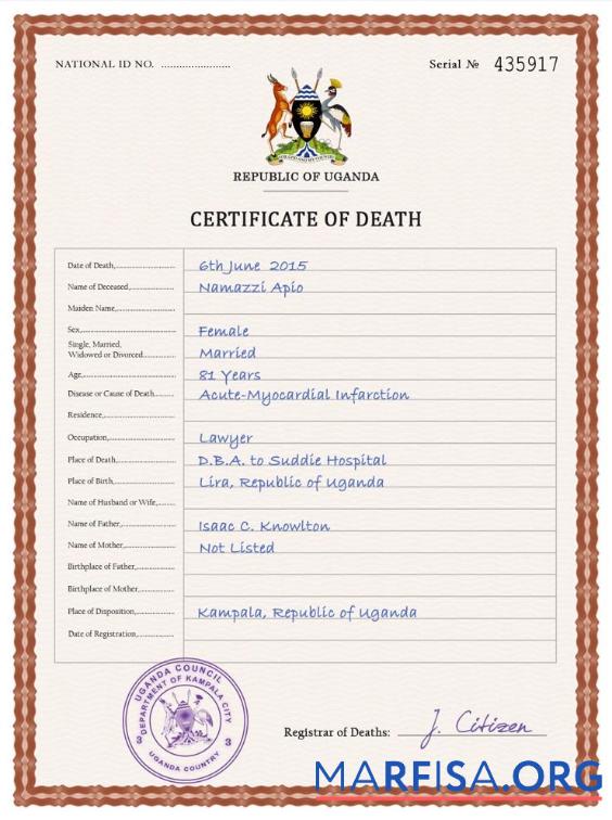 Blank Uganda vital record death certificate PSD template